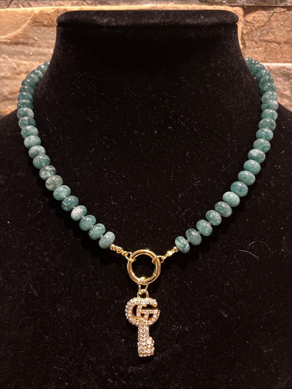 Gold Key Pendant Necklace with Natural Green Stone Beads